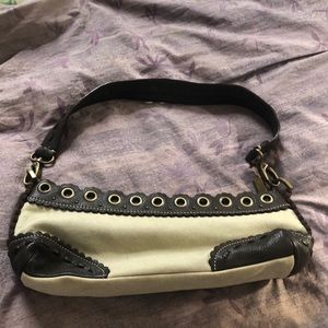 Small vintage Sigrid Olsen shoulder bag, Beige w/choc. brown strap and eyelets.